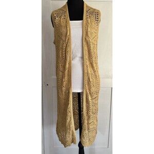 Chelsea & Theodore Women’s Yellow Open Front Crochet Cardigan Duster Vest Sz L
